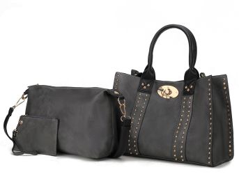MKF Collection Elissa 3 pc Set Satchel Handbag with Pouch & Coin Purse by Mia K (Color: Dark Grey-Black, Material: Vegan Leather)