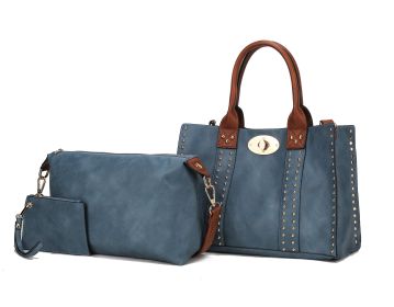 MKF Collection Elissa 3 pc Set Satchel Handbag with Pouch & Coin Purse by Mia K (Color: Blue-Brown, Material: Vegan Leather)
