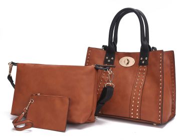 MKF Collection Elissa 3 pc Set Satchel Handbag with Pouch & Coin Purse by Mia K (Color: Brown-Black, Material: Vegan Leather)